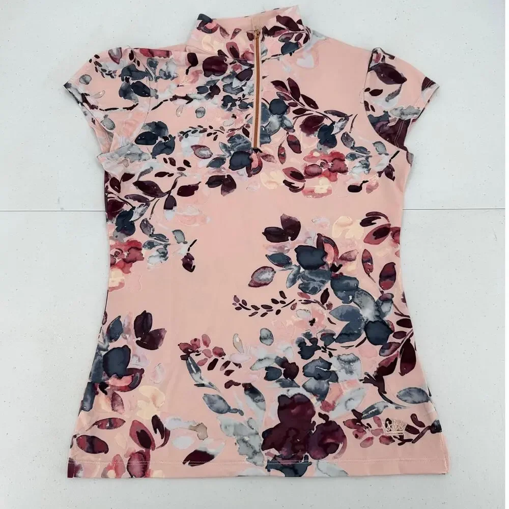 NWT Kastel Sport Cap Sleeve Rose Gold Zip Pearl Blush Watercolor Blouse Size XS - Picture 6 of 13